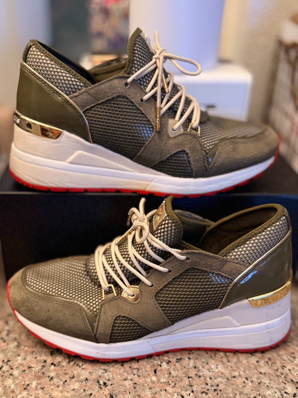 Michael Kors Women's Olive Gray Sneakers with Red Outsole and Gold Trim